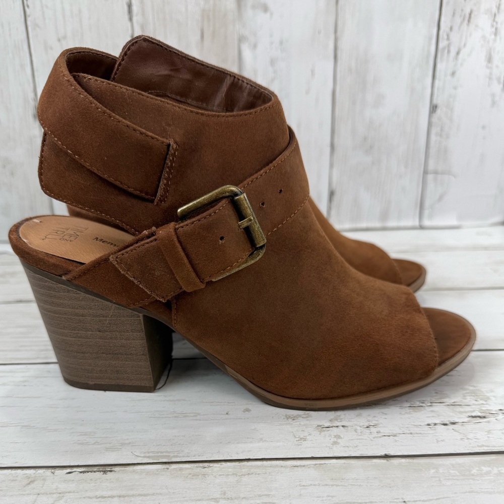 Time And Tru Women's Brown Faux Suede Memory Foam Open Toe Ankle Boots Sz 6.5